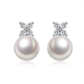 PHNIBIRD Women's Pearl Earrings, Four Leaf Clover, Good Luck Amulet, 925 Silver, Hypoallergenic, Pearl, Natural Freshwater Earrings, 0.3 inches (8.5 mm), Cubic Zirconia, Elegant, Anniversary, Present