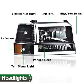 GRAND ORANGE LED DRL Headlights Assembly, Compatible with 1992 1993 1994 1995 1996 Ford Bronco F150/ 92-97 F250 F350 Super Duty w/Corner Signal 6pc Headlamps Clear lens Black Housing Amber