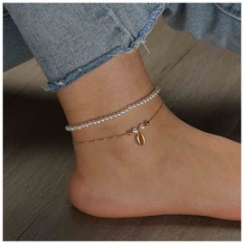 Yheakne Boho Layered Pearl Ankle Bracelet Gold Shell Anklet Bracelet Vintage Cowrie Anklets Chain Summer Beach Foot Chain Jewelry for Women and Girls 2Pcs