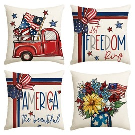 AVOIN colorlife America The Beautiful Let Freedom Ring Throw Pillow Covers, 18 x 18 Inch Freedom 4th of July Independence Memorial Day Patriotic Cushion Case for Sofa Couch Set of 4