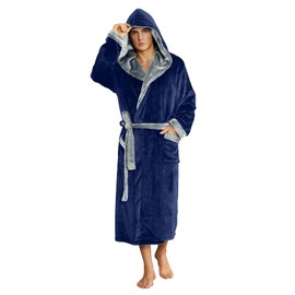 U2SKIIN Mens Fleece Hooded Robe Plush Bathrobe (Navy/Light Grey, S/M)