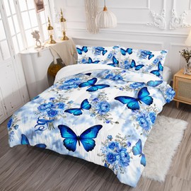 Ntlfup Butterfly Comforter Set Full Size, Floral Bedding Set for Kids Girls Women, Flowers Printed Comforter for Bedroom Decor