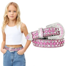 Monopa Kids Rhinestone Western Belt - Cowboy Cowgirl Belts with Bling Diamond Studded and Sequin Leather Belt for Jeans (90cm, Pink)