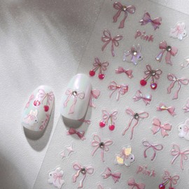 1 Sheets 5D Embossed Bow Nail Stickers for Nail Art, Aurora Bow Rabbit Nail Decals Cute Bow Ribbon Pink Nail Design Stickers Spring Easter Self Adhesive Slider Nail Art Supplies for Women Manicure