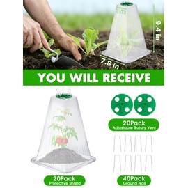 20 Pack Garden Cloches for Plants,9.4" H X 7.8" D Reusable Bell Plant Protector with 40 Ground Stakes and Rotary Vent Cover,Plant Covers Freeze Protection from Animals Snails Birds Chickens (White)
