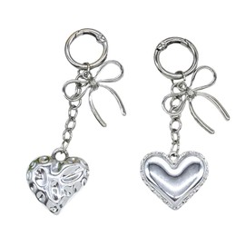 Silver Irregular Border Heart Bow Pendant Y2K Keychain 3D Ribbon Bowknot Heart Keychains For Women Aesthetic Bows Hearts Car Key Chain Purse Charms Bag Charms For Handbags Cute Keychain Accessories