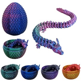 3D Printed Dragon Egg with Fire Dragon, Made in Germany, Fully Movable Dragon with Flexible Joints, Ideal as Decoration (Blue/Green/Purple)