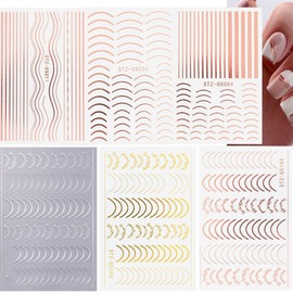 6 Sheets Lines Nail Art Stickers Rose Gold Silver 3D Self Adhesive Metal Curve Stripe Line Nail Decals French Tips Strip Wave Lines Curve Designs DIY Manicure Decorations for Women Girls