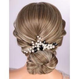 Teyglen Wedding Pearl Hair Comb Black Rhinestone Pearl Hair Piece Elegant Pearl Bride Wedding Hair Comb Decorative Hair Accessories for Women Black Rhinestone Headpiece(Black)