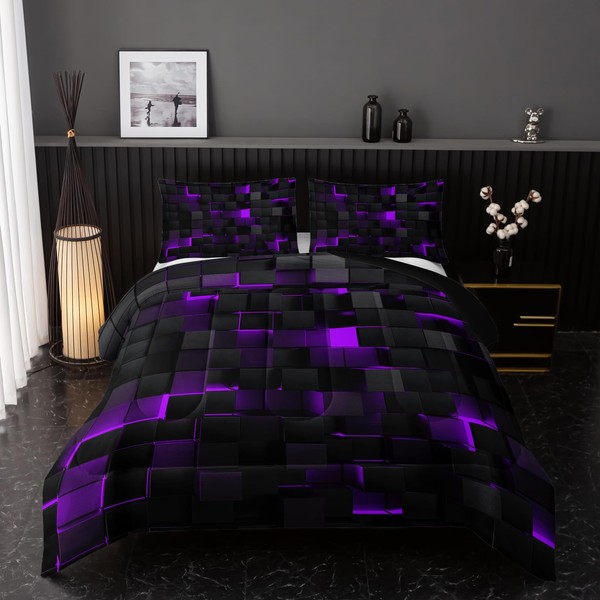 Nttopship Neon Purple Black Comforter Set Queen Geometric Kids Bedding