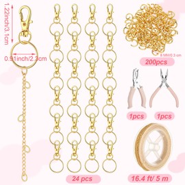VioraWhite 227 Pcs Gold Lip Gloss Keychain Making Kit Bulk 24 Gold Keychain Clips with Lobster Claw Clasps 200 Jump Ring Chain Plier Hole Puncher for DIY Lip Gloss Crafts Supplies