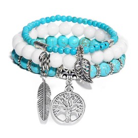 Myofeng 4 Pcs Turquoise Bracelets Bohemian wind 14K Gold Beaded Bracelets Stackable Adjustable Paperclip Link Stretch Bracelets Charm Jewelry Present for Women, Large, Plastics, no gemstone