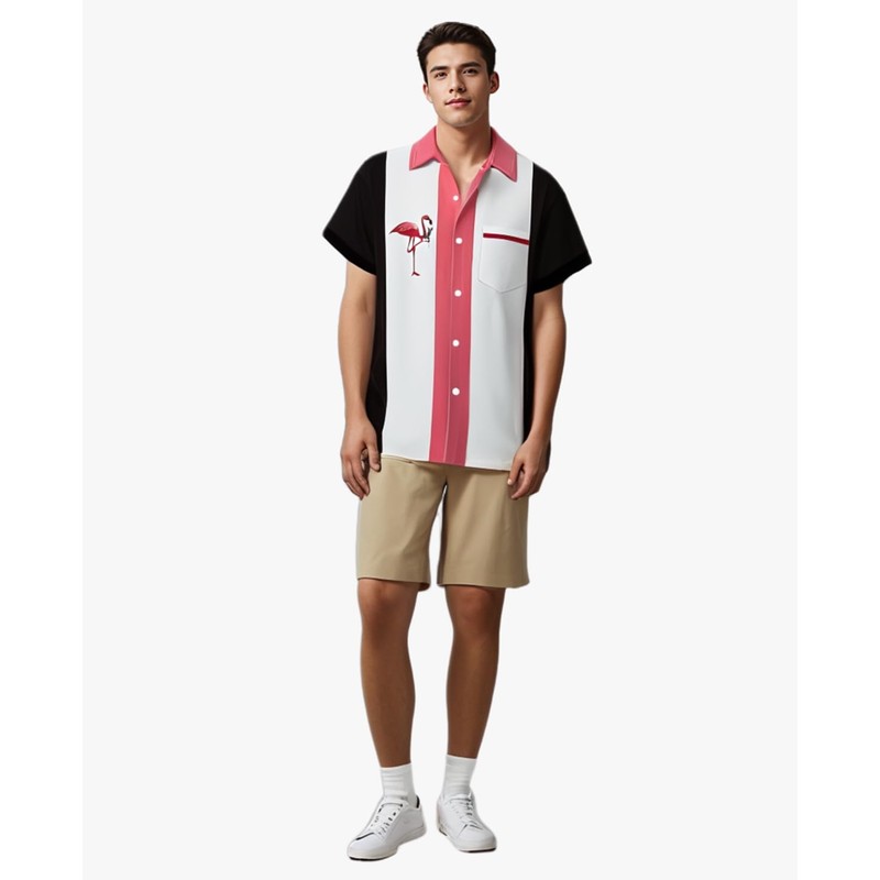Flamingo Bowling Shirts for Men Print Short Sleeve Casual Button