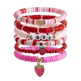 OIDIMS 6Pcs Strawberry Preppy Heishi Bracelets Set for Women Stretch Stackable Colorful Elastic Clay Gold Bead Bracelets Charm Y2K Bracelets Boho Bracelets Love Aesthetic Jewelry Gift (Love)