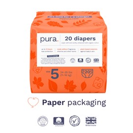 Pura Size 5 Eco-Friendly Diapers (24-35lbs) Totally Chlorine Free (TCF) Hypoallergenic, Soft Organic Cotton, Sustainable Comfort, 12 Hours Leak Protection, Allergy UK,1 Pack of 20 Diapers