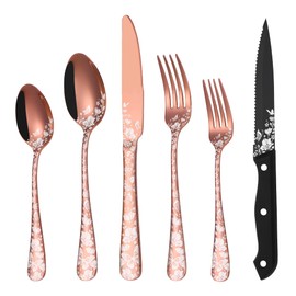 Stapava 72-Piece Copper Silverware Set with Steak Knives for 12, Stainless Steel Rose Gold Cutlery Flatware Set, Mirror Eating Utensils Tableware with Butterfly Flower Laser, Dishwasher Safe