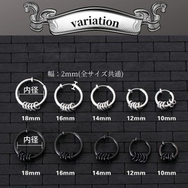 swars Fake Earrings, Non-Hole Earrings, For Both Ears, Unisex, 5 Rows of Rings, Hoops, 16 mm, Stainless Steel