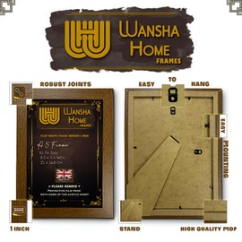 WANSHA HOME A5 Dark Oak Picture Frames (21 x 14.8 cm) Flat Poster Frame - Clear Acrylic Poster Display with MDF Wooden - Portrait/Panoramic - Wall Mount Hooks & Tabletop Stand