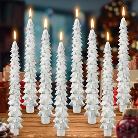 8 Pack Christmas Tree Candles, 10 Inch Unscented Tree Shaped Taper Candles Decorative Christmas Beeswax Candle for Xmas Holiday Decor, Party Banquet Centerpiece Decoration (White with Silver Trim)