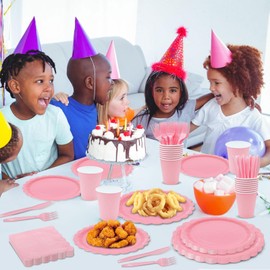 144PCS Light Pink Paper Plates and Napkins Pink Party Supplies Scalloped Dinner Dessert Plates Napkins Cups Forks Knives Disposable Tableware Set Birthday Baby Shower Wedding Party Decoration Serve 24