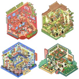 Snycler DIY 3D House Sticker Kit - 4 Sets of 3D Cartoon Scene Miniature Stickers for Adults & Kids, Fun Room Decor, Stress Relief, Creative Wall Art, Home Decoration（shops）