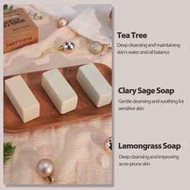 Body Face Soap Bars Set, Pure Natural Handmade Soap with Clary Sage, Lemongrass and Tea Tree Oil, Nourishing Moisturises Bath Bar Soap for Men Women All Skin Type, Cold Process Soap 3 Pack x 100g
