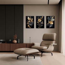 QIXIANG Black Golden Flower Canvas Wall Art 3 Pieces Abstract Black and Gold Leaf Bloom Floral Pictures Prints for Living Room Decor (Black Gold Flower,11.00" x 14.00" x3Pcs)