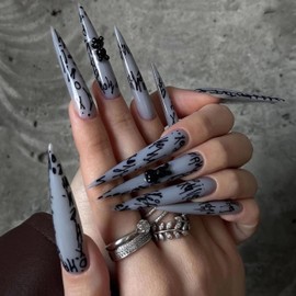 MERVF Stiletto Press on Nails Extra Long Fake Nails Gray Glue on Nails Black Rabbit Press ons with Graffiti Design Goth Almond Acrylic False Nails for Women Glossy 24pcs