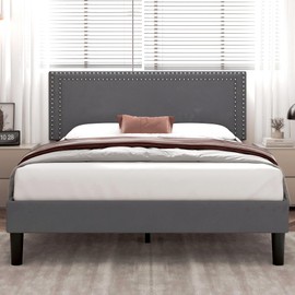 VECELO Queen Size Bed Frame with Adjustable Upholstered Headboard, Wooden Slats Platform, Noise-Free Design, Easy Assembly