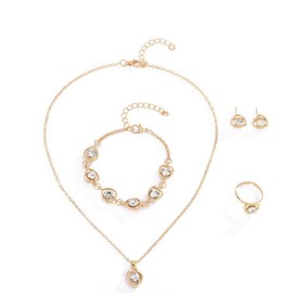 TTPSRY 4 Piece Jewellery Set Women's Necklace Bracelet Ring Earrings Heart Crystal Zirconia Bridal Jewellery Set Christmas Party Gifts for Girls, Alloy Steel, No Gemstone