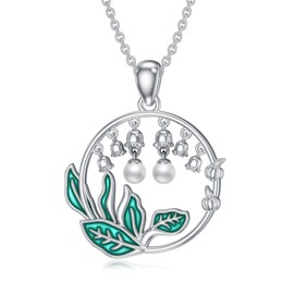 BETHZA Lily of the Valley Necklace 925 Sterling Silver Freshwater Cultured White Pearl May Birth Flower and Leaf Pendant Birthday Jewelry for Women