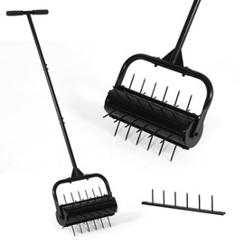 SMONTER Manual Lawn Aerator, 17” Heavy Duty Rolling Aerator Lawn Tool for Yard Garden, Aeration Tool with Spike Soil Penetrator