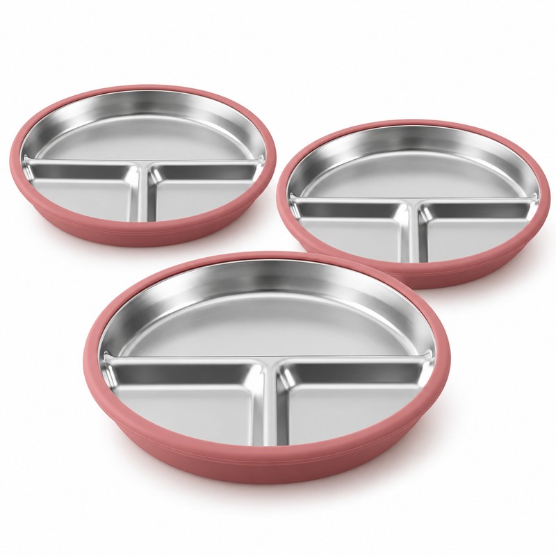 3-Pack Stainless Steel Divided Suction Plates for Kids – 3-Section