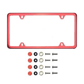 KA DEPOT Four Hole Slim Version Red Chrome Mirror License Plate Frame T304 Stainless Steel + Metal Screw Caps