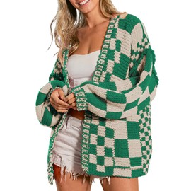 SELINK Women's Cardigan Sweater Vintage Green Beige Open Front Mixed Checkered Pattern Chunky Knit Plaid Long Sleeve Daily Outwear L