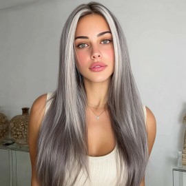 Smilco 2025 New Technology Small Lace Gray Gradient Highlights Cornstarch Long Roll Realistic Chemical Fiber Headgear Wig 	SM004-2color: futura Japanese silk, Stretched Length: 28"