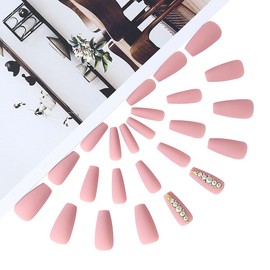 Brishow Coffin Pink Long False Nails With Gold Rhinestone - Ballerina Acrylic Press on Nails - 24pcs for Women and Girls