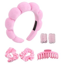 6 Piezas Diademas para Cabello Mujer y Spa, Diadema de Maquillaje Skincare con Muñequeras Absorbentes, Suave Antideslizante para Lavado Facial, Desmaquillaje y Ducha, Color Rosa