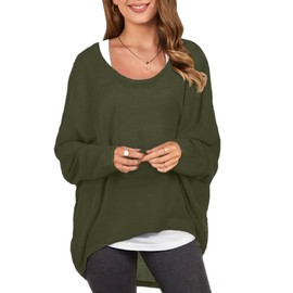 ZANZEA Women's Off The Shoulder Batwing Tops Casual Loose Oversized Tshirts Long Sleeve Fall Pullover Sweater Tops Army Green L