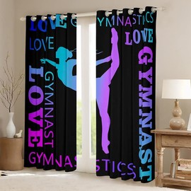 Love Gymnastics Curtains for Bedroom Living Room Children Floor Exercises Ballet Blackout Curtains Decorative Athletics Darkening Dreapes Neon Blue Purple Window Treatments (2 Panels 38 x 54 Inch)