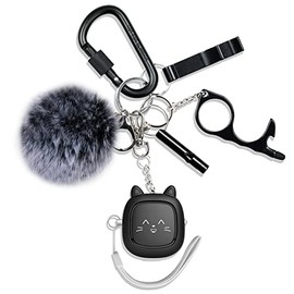 Keychains Kit for Girls with Personal Safety Alarm, Funseeya Keychain Accessories with Personal Sound Safety Siren, Cute Pom Pom, Locking Carabiner Clip and Whistle (Black)