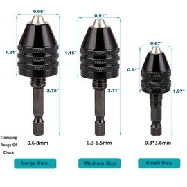 Resze Keyless Drill Chuck Adapter - 3Pcs Drill Chuck for Impact Driver, 1/4” Hex Shank Chuck Conversion Adapter,0.3-6.5 mm&0.3-3.6 mm&0.8-8mm Quick Screwdriver Drill Adapter For Round-Shank Drill Bits