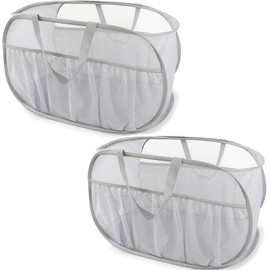 2 Pack Collapsible Laundry Baskets, Upgrade Pop Up Laundry Hamper with Convenient Bags, Foldable Laundry Basket Mesh Light Weight, Easy to Carry Clothes Hampers for Laundry, Dorm, Toys, Travel Grey