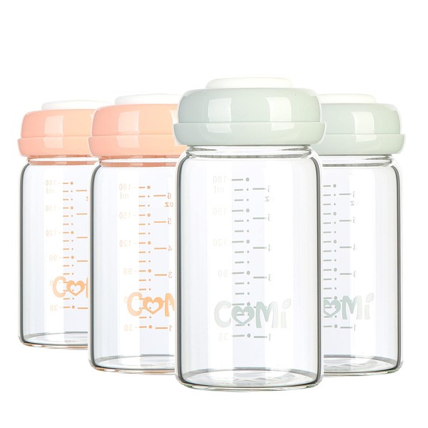 COMI Wide Neck Glass Breastmilk Collection n Storage Bottle, 4 Packs, 6oz with Screw Ring Sealing Disk; Re-markable Sealing Disc. BPA Free, Fits Breast Pumps & Nipples (2 Gray Lids + 2 Pink Lids)