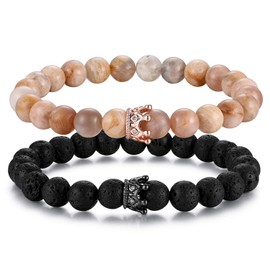 Flongo Partner Bracelets, Friendship Bracelet, BFF Bracelets, Energy Bracelet, Cubic Zirconia, Crown, Lava, Turquoise, Stone, Prayer, Mala, Ball, Bead, Men, Women, Accessories, Set Of 2, Copper