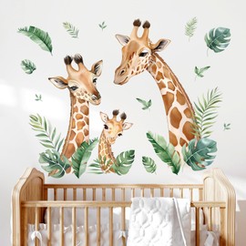 wondever Giraffe Family Wall Decals Tropical Leaves Peel and Stick Wall Art Stickers for Living Room Bedroom Nursery Children's Room