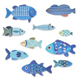 WATUNID Pack of 10 Fish Wall Decoration, Wooden Nautical Decoration, Ocean Wall Art, Hanging Decoration, Coastal Decor, Blue Fish Sculpture Ornaments for Lake, Home, Home, Bathroom, Bedroom