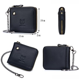 viizimei Men's Short Wallet, Bi-Fold Wallet, Leather, Zipper Closure, Chain, Genuine Leather, Compact, Vertical, Lightweight, Casual, Black