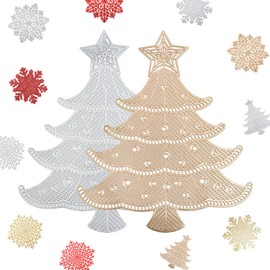 MORAINJAY 2pk Christmas PVC Placemats,Gold&Silver Xmas Tree Place Mats for Dining Table,38cm Round Vinyl Hollow Table Mats Waterproof Oil Non-Slip Washable Heat for Kitchen Wedding Christmas Decor
