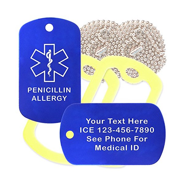 Custom 2 Pack - Penicillin Allergy Medical Alert ID Necklaces with Blue Custom Tags, Yellow Silencers, and 30'' USA Chains